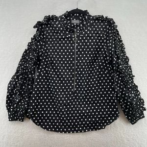 Greysn Womens Top size Large Half Zip up ruffle polka dot artsy black career
